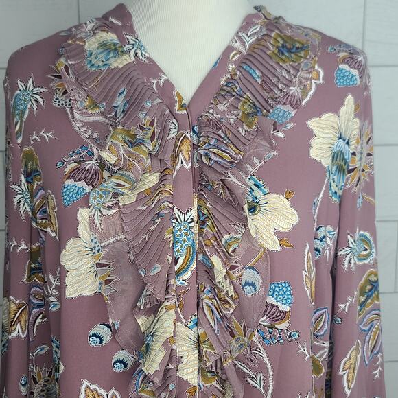 Chicos Top Blouse Mauve Paisley Floral 1 Med Purple Blue Jacobean Bouquet Ruffle - Picture 7 of 12